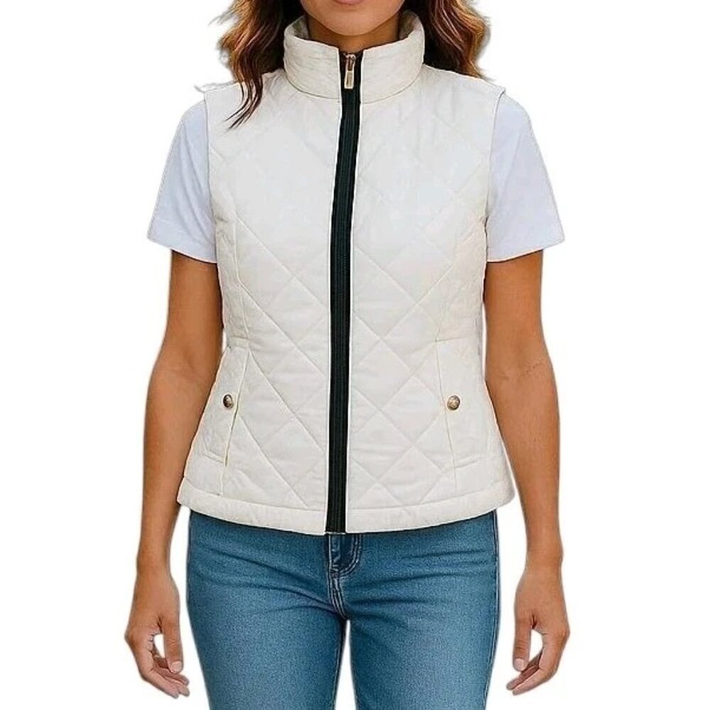 Lauren Ralph Lauren Quilted Vest Size S Ivory Zip Snap Pockets Stand Up Collar